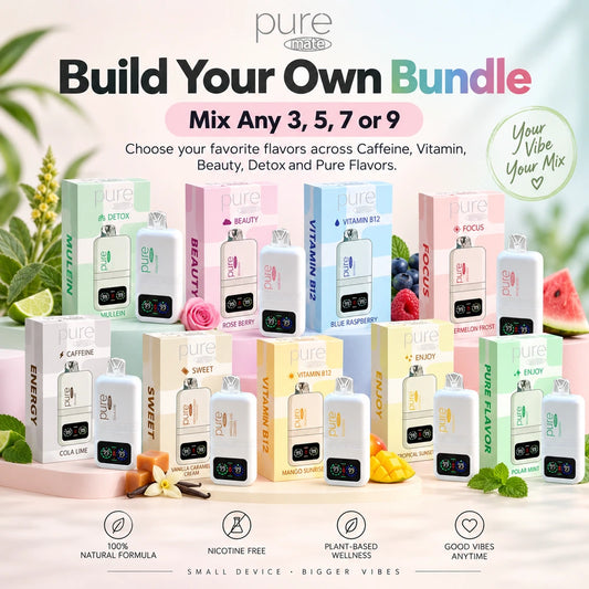 Pure Mate mix and match bundle image showing multiple flavor options and custom bundle choices across Caffeine, Vitamin B12, Beauty, Detox, Focus, Sweet, Enjoy, and Pure Flavors.