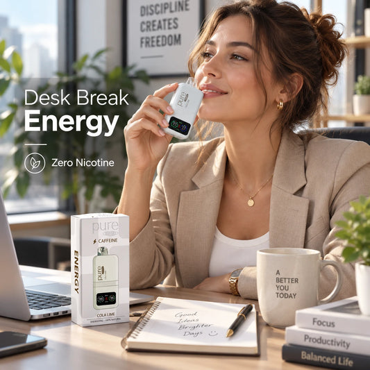 Pure Mate Energy Cola Lime diffuser in a clean desk workspace scene for focus and daily use
