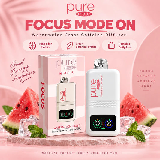 Pure Mate Focus Watermelon Frost caffeine diffuser in a gaming setup, designed for sharper focus and longer sessions