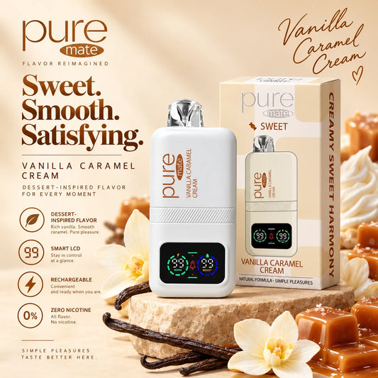 Pure Mate Sweet Vanilla Caramel Cream zero nicotine diffuser with creamy dessert-inspired flavor styling