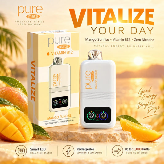 Pure Mate Vitalize Mango Sunrise Vitamin B12 zero nicotine diffuser with packaging and fresh mango in a sunrise-inspired setting