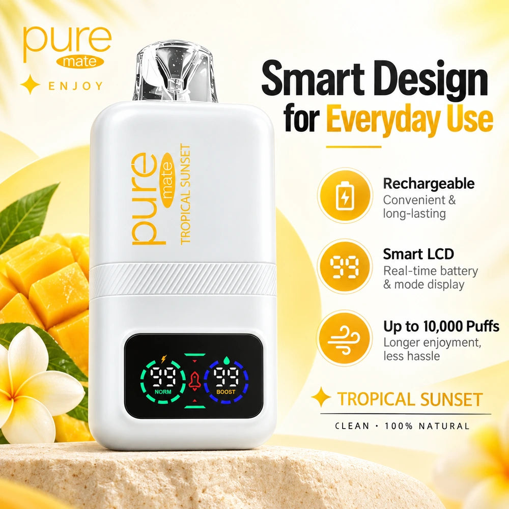 Pure Mate Tropical Sunset device featuring Smart LCD, rechargeable design and up to 10000 puffs
