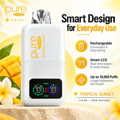 Pure Mate Tropical Sunset device featuring Smart LCD, rechargeable design and up to 10000 puffs