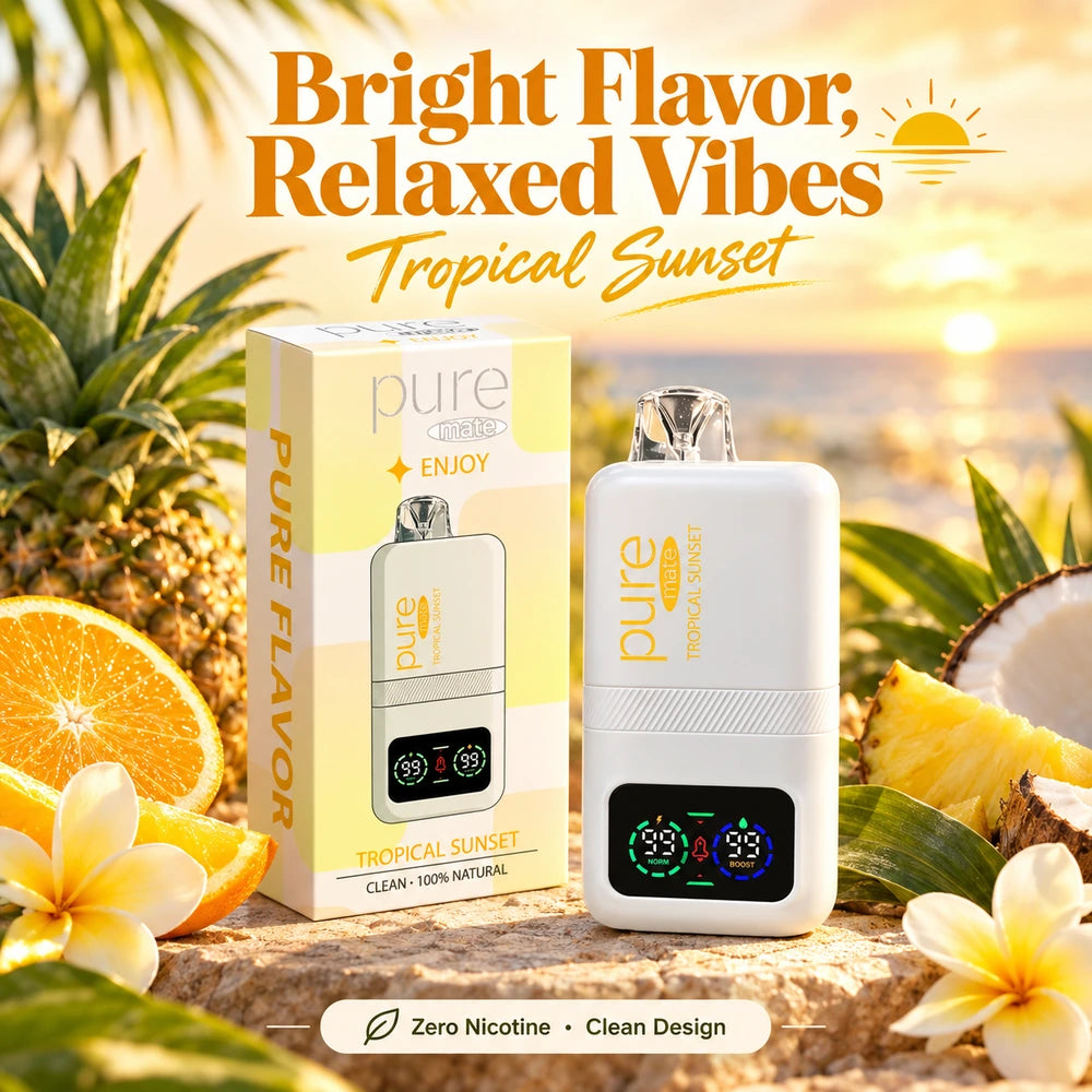 Pure Mate Tropical Sunset diffuser and packaging with pineapple, orange, coconut and tropical fruit styling
