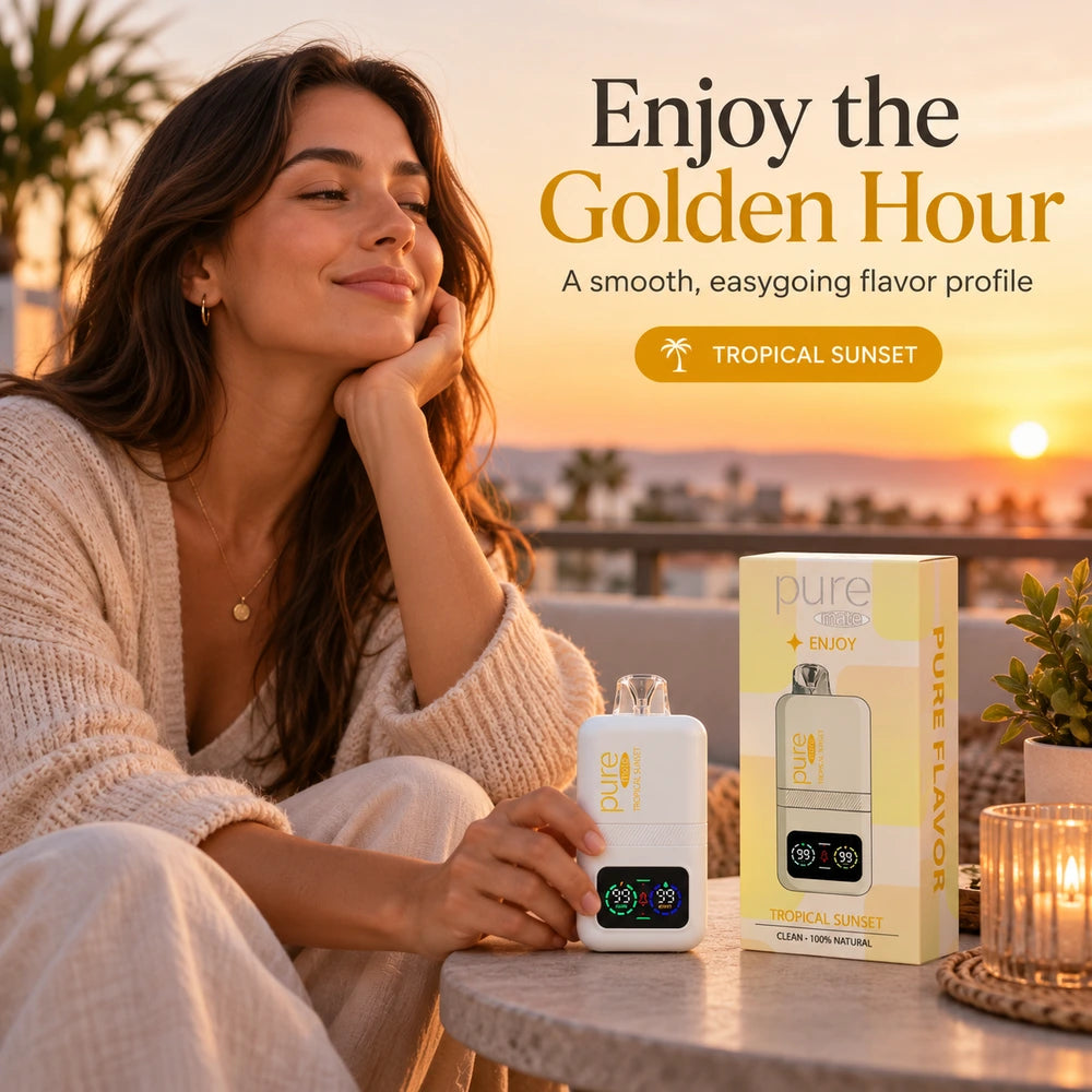 Woman enjoying a golden hour lifestyle moment with Pure Mate Tropical Sunset diffuser