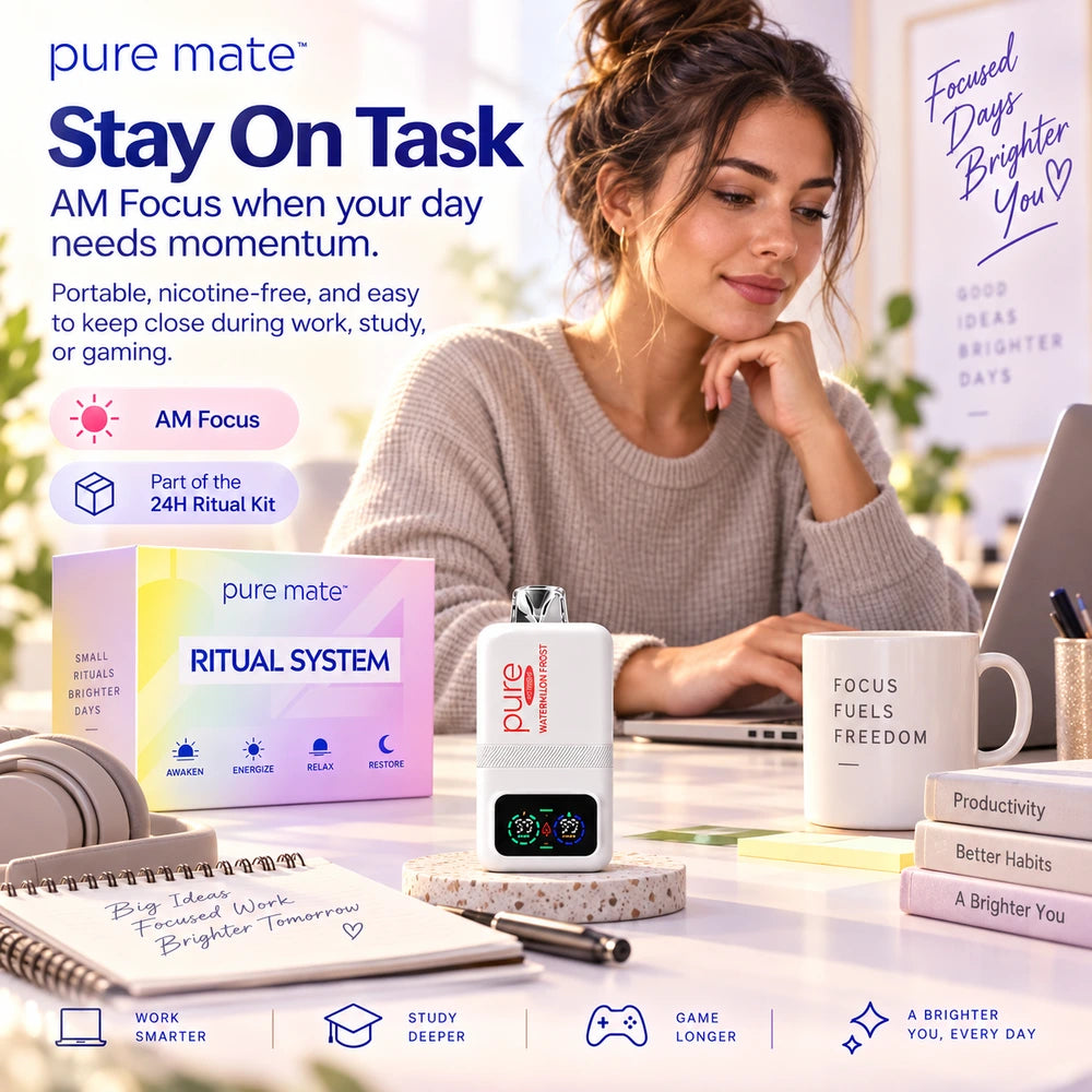 Pure Mate 24H Ritual Kit AM focus lifestyle image showing the Watermelon Frost device in a productive work and study scene