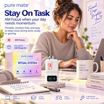 Pure Mate 24H Ritual Kit AM focus lifestyle image showing the Watermelon Frost device in a productive work and study scene