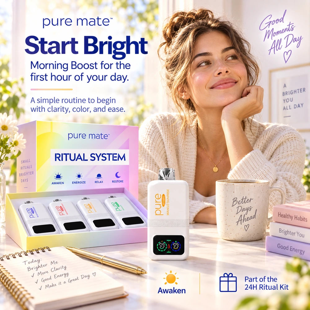 Pure Mate 24H Ritual Kit morning boost lifestyle image featuring the ritual system box and Mango Sunrise device in a bright morning setting
