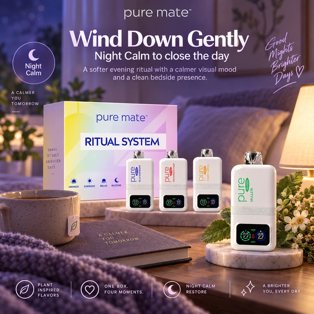 Pure Mate 24H Ritual Kit night calm lifestyle image featuring the Mullein device and ritual system box in a cozy evening bedside scene