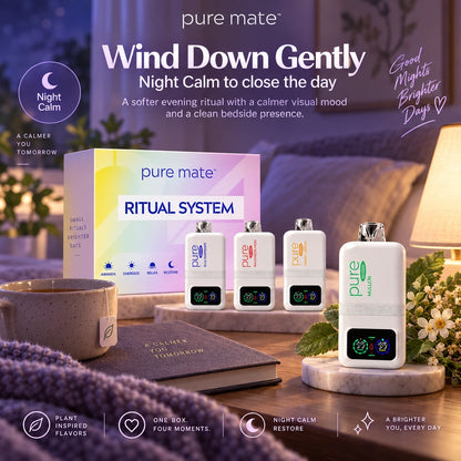 Pure Mate 24H Ritual Kit night calm lifestyle image featuring the Mullein device and ritual system box in a cozy evening bedside scene