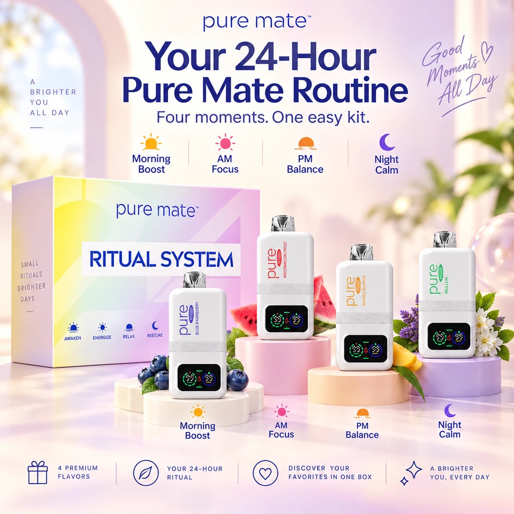 Pure Mate 24H Ritual System kit with four flavor profiles for morning boost, AM focus, PM balance, and night calm