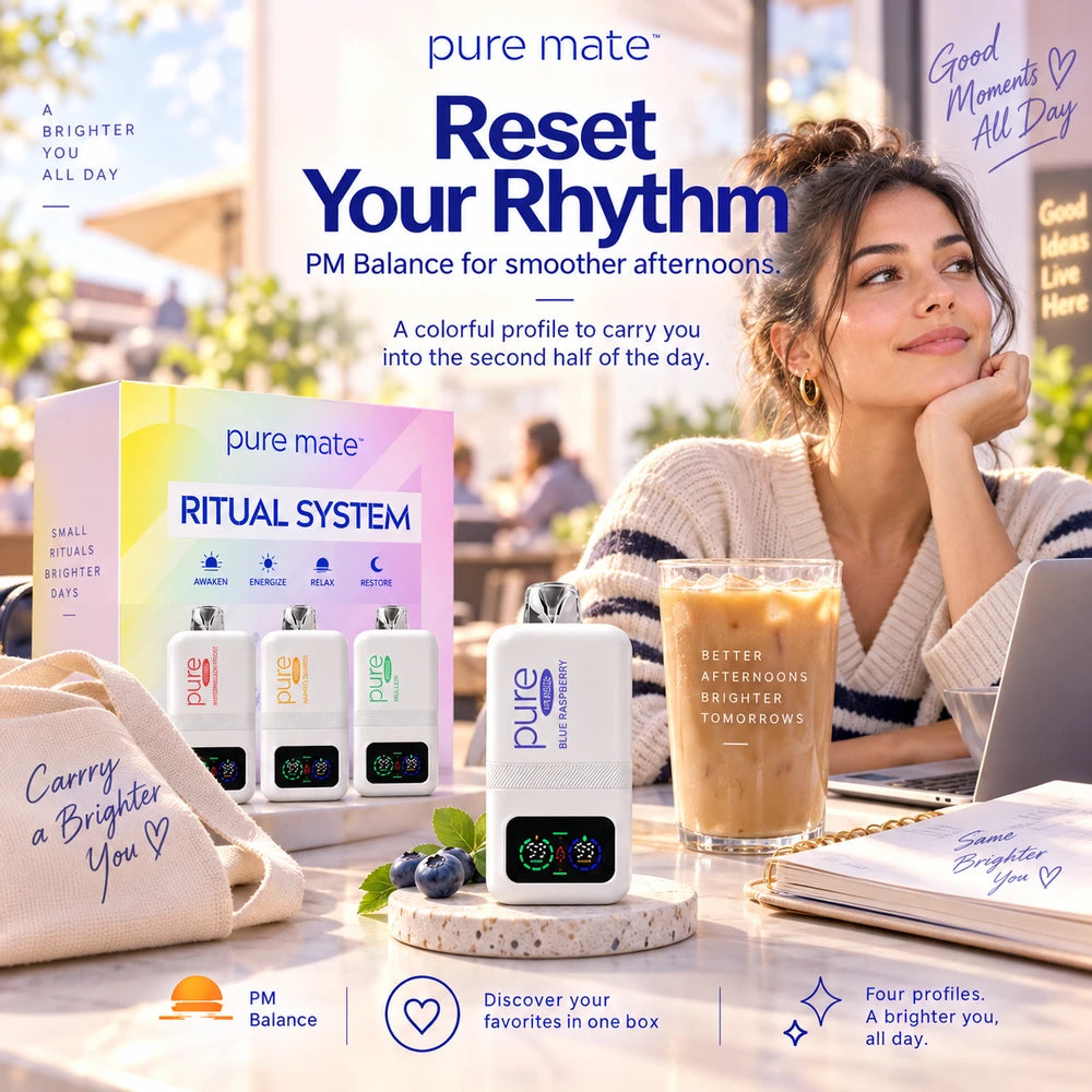 Pure Mate 24H Ritual Kit PM balance lifestyle image with Blue Raspberry device and ritual system box in a bright afternoon setting