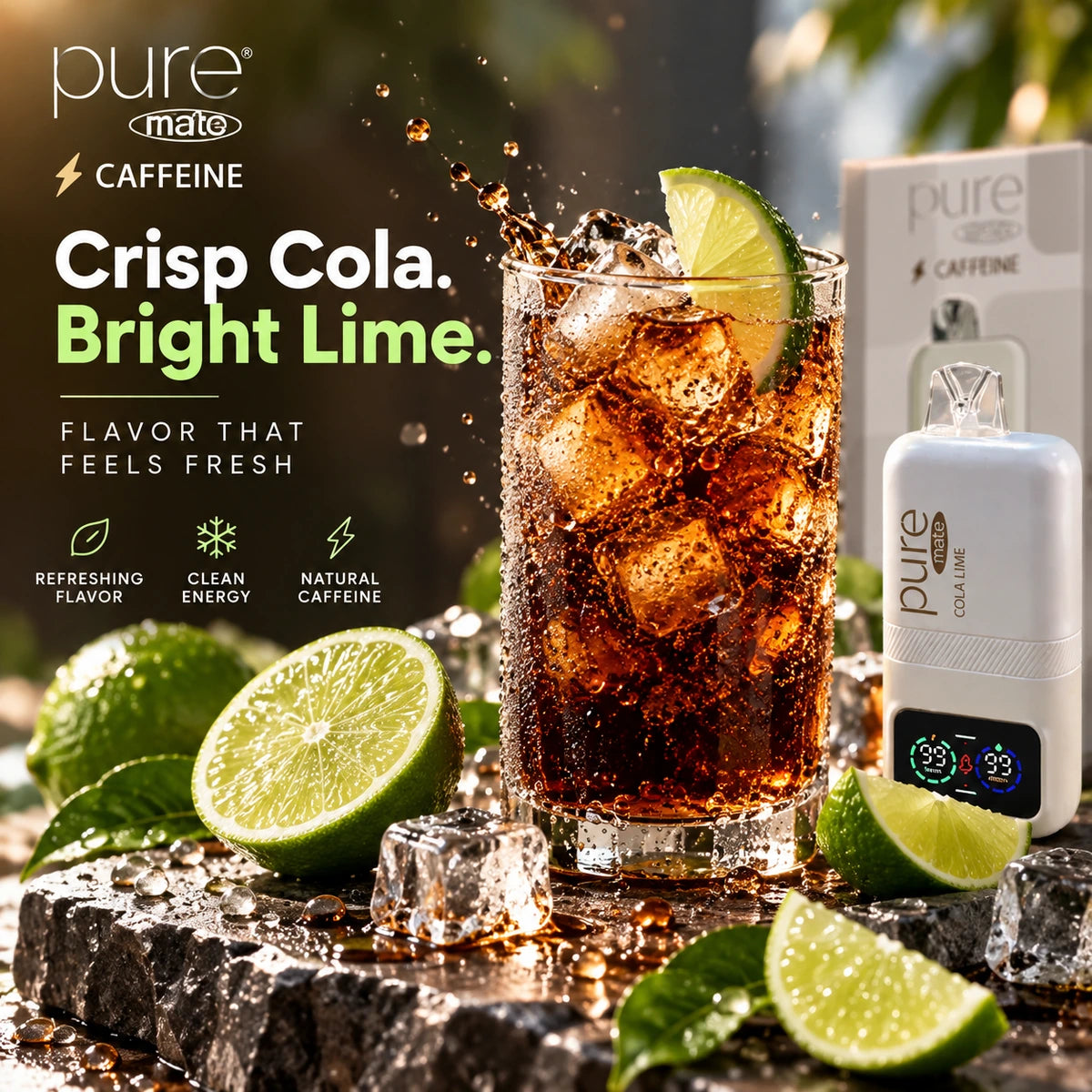 Refreshing Cola Lime flavor inspired visual for Pure Mate Energy zero nicotine diffuser