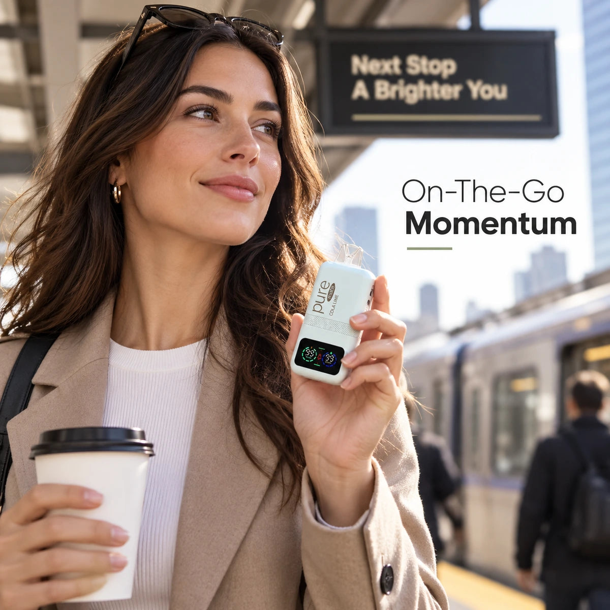Pure Mate Energy Cola Lime zero nicotine diffuser in an urban commute lifestyle scene