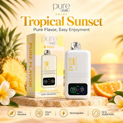 Pure Mate Enjoy Tropical Sunset zero nicotine diffuser with packaging in a warm tropical sunset scene