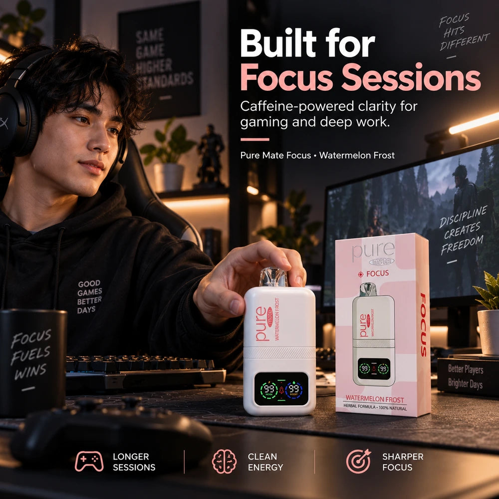 Pure Mate Focus Watermelon Frost botanical caffeine diffuser product ad highlighting focus support and portable daily use