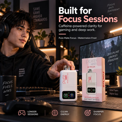 Pure Mate Focus Watermelon Frost botanical caffeine diffuser product ad highlighting focus support and portable daily use