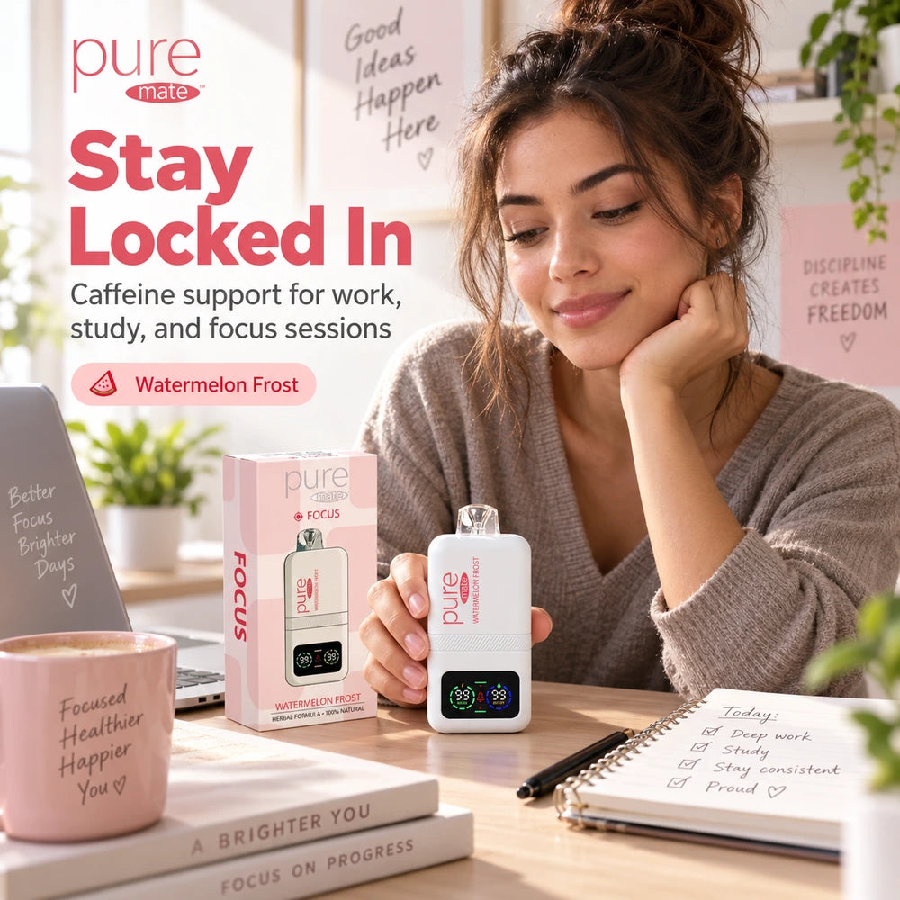 Pure Mate Focus Watermelon Frost caffeine diffuser with packaging, watermelon and ice, conversion-focused product hero image