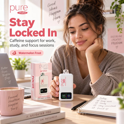 Pure Mate Focus Watermelon Frost caffeine diffuser with packaging, watermelon and ice, conversion-focused product hero image