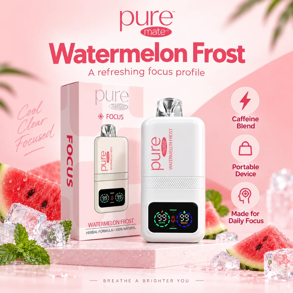 Pure Mate Focus Watermelon Frost diffuser with packaging in a pink lifestyle product scene promoting a refreshing focus profile
