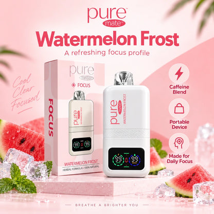 Pure Mate Focus Watermelon Frost diffuser with packaging in a pink lifestyle product scene promoting a refreshing focus profile