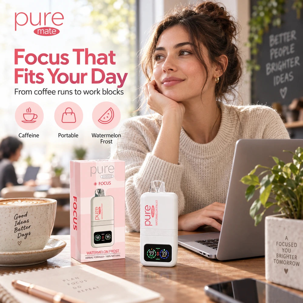 Pure Mate Focus Watermelon Frost caffeine diffuser in a work and study lifestyle scene for everyday focus support