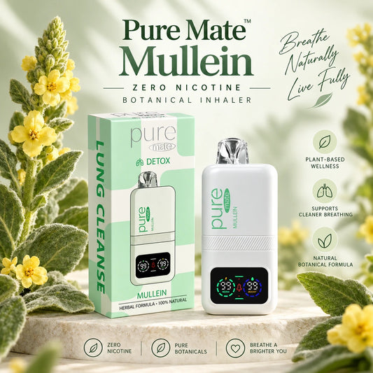Pure Mate Mullein zero nicotine botanical inhaler with packaging and mullein flowers