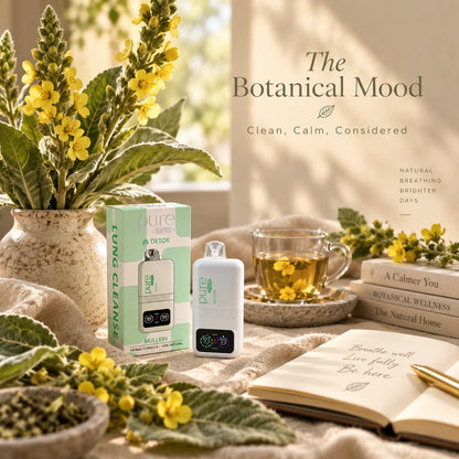 Pure Mate Mullein inhaler and packaging styled with mullein flowers, tea and a journal
产品卖点 / Why Choose 图