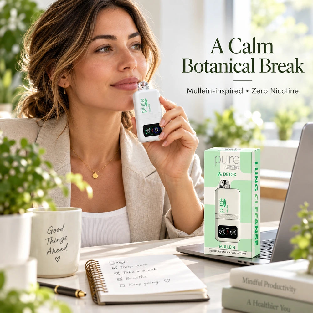 Woman holding a Pure Mate Mullein zero nicotine inhaler at a bright office desk
