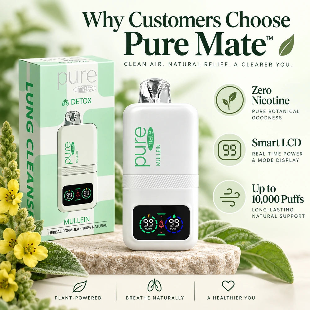 Pure Mate Mullein zero nicotine inhaler with packaging and product feature presentation