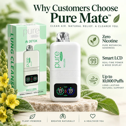 Pure Mate Mullein zero nicotine inhaler with packaging and product feature presentation