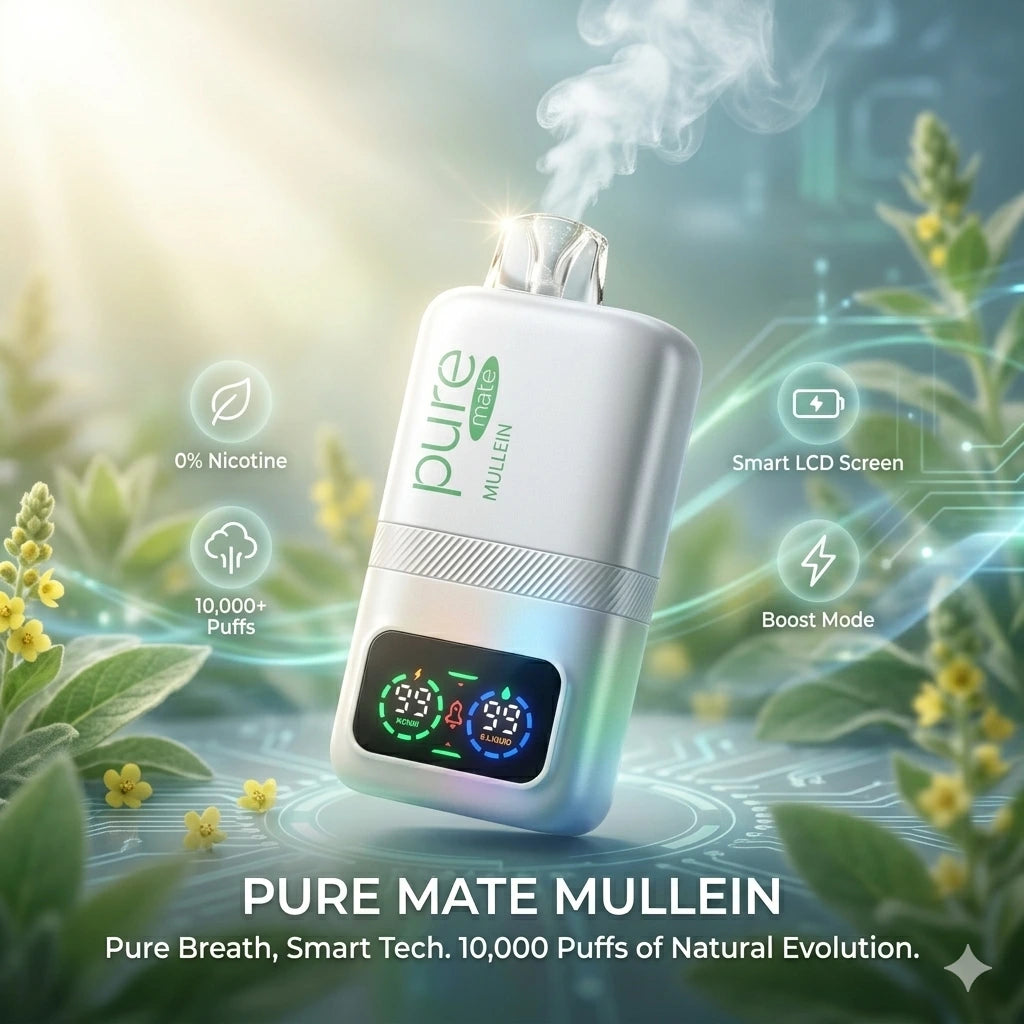 Pure diffuser: Pure Mate™ Mullein zero nicotine wellness inhaler with Smart LCD screen and Boost Mode, 10,000+ inhales of botanical mist.