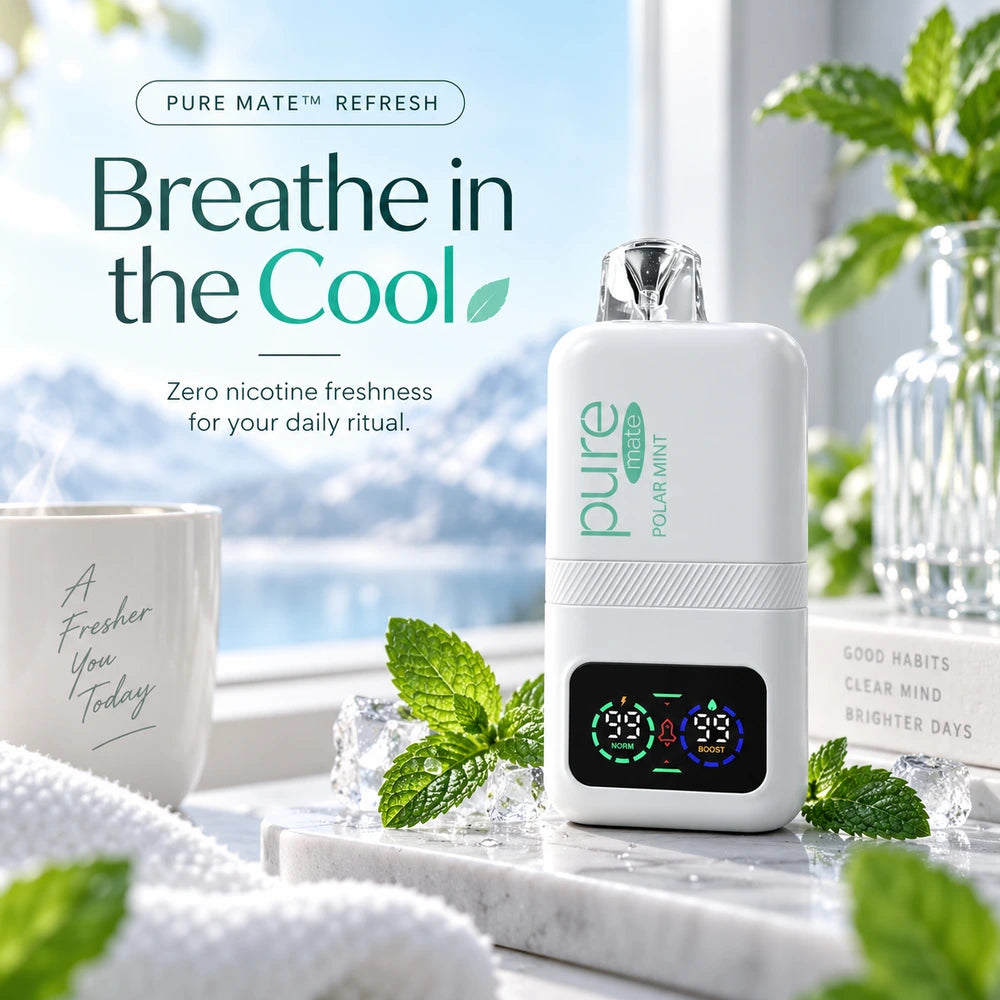 ure Mate Polar Mint displayed in a clean home setting with mint leaves and ice, representing zero nicotine freshness for daily rituals