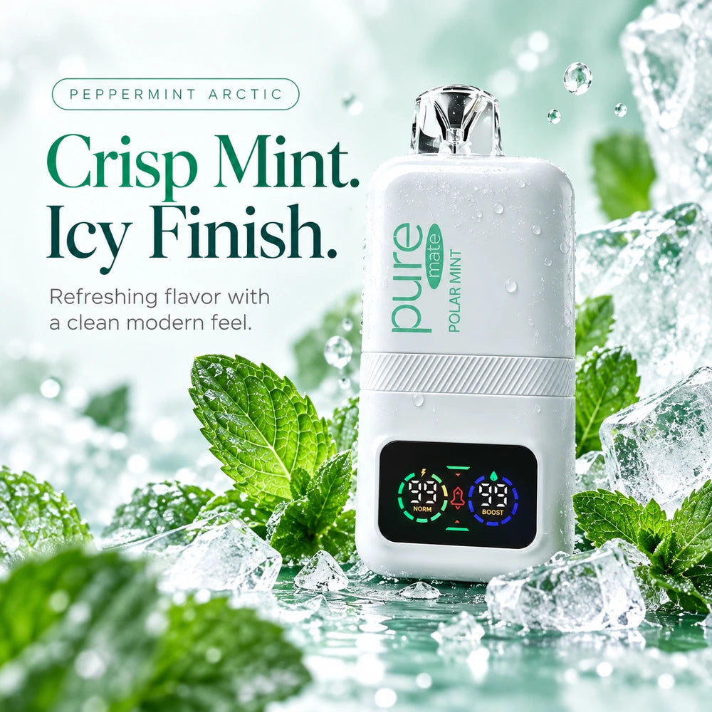 Close-up Pure Mate Polar Mint device surrounded by mint leaves and ice, emphasizing crisp mint flavor and icy finish