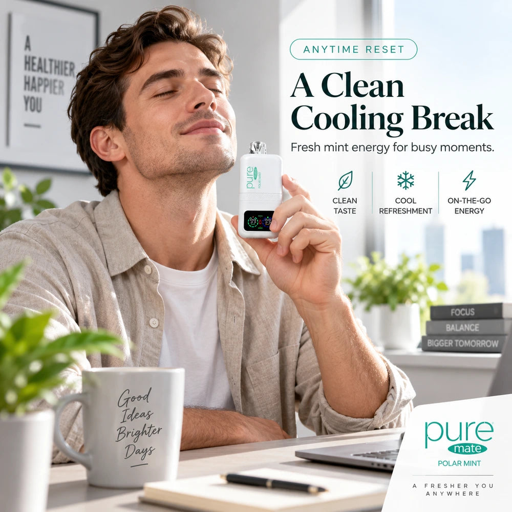 Person using Pure Mate Polar Mint at a desk in a bright office, showing a clean cooling break for busy moments