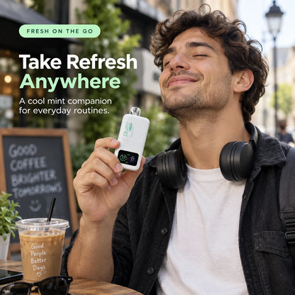 Lifestyle image of a person holding Pure Mate Polar Mint outdoors, promoting portable refresh anywhere