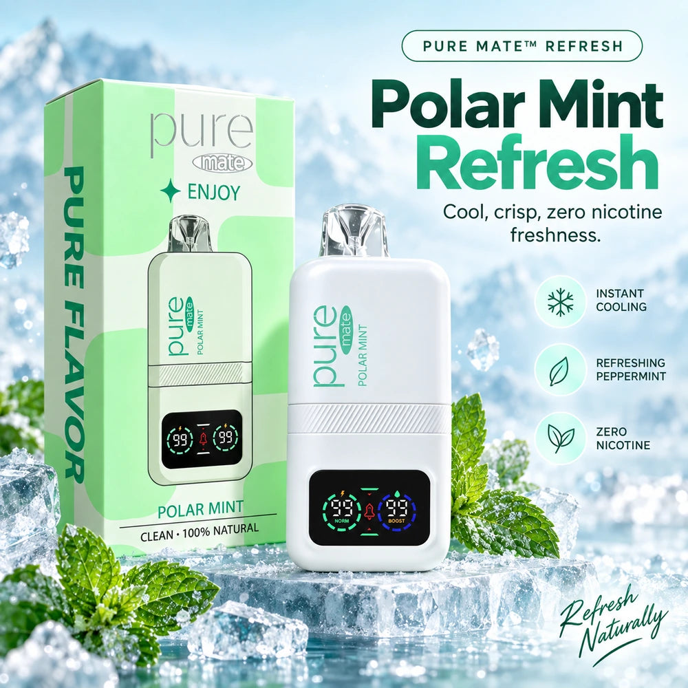 Pure Mate Polar Mint Refresh product hero image with box and device on ice, highlighting cool crisp zero nicotine freshness