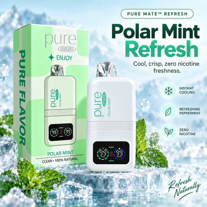 Pure Mate Polar Mint Refresh product hero image with box and device on ice, highlighting cool crisp zero nicotine freshness