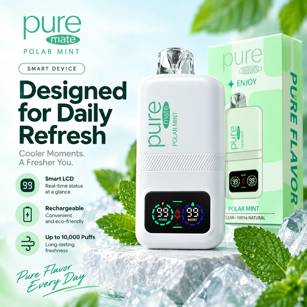 Pure Mate Polar Mint smart device advertisement showing Smart LCD, rechargeable design, and up to 10000 puffs