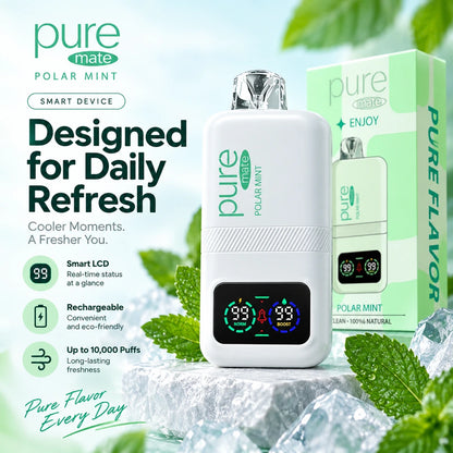 Pure Mate Polar Mint smart device advertisement showing Smart LCD, rechargeable design, and up to 10000 puffs