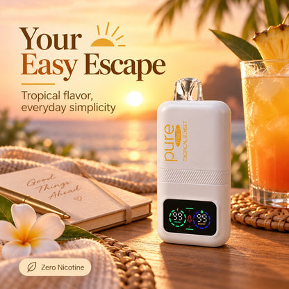 Pure Mate Tropical Sunset zero nicotine diffuser in a relaxed sunset lifestyle scene with tropical drink and journal