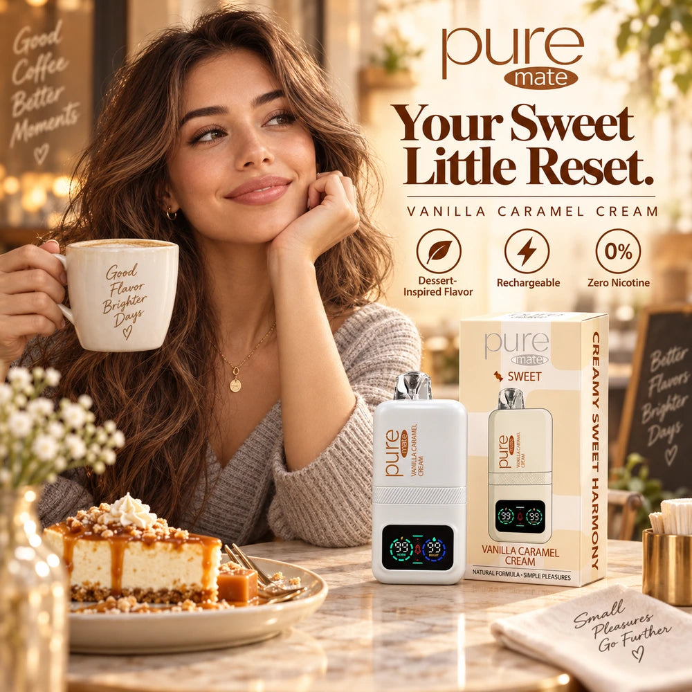 Woman with Pure Mate Vanilla Caramel Cream diffuser in a warm cafe lifestyle scene