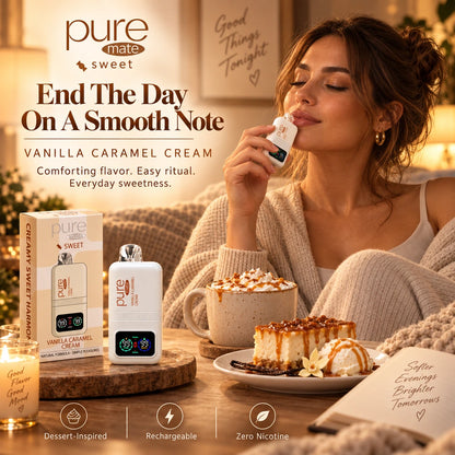 Pure Mate Vanilla Caramel Cream diffuser in a warm evening scene with caramel dessert and cozy lifestyle styling