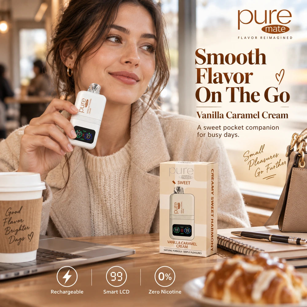 Woman holding Pure Mate Vanilla Caramel Cream diffuser in an everyday on-the-go lifestyle scene