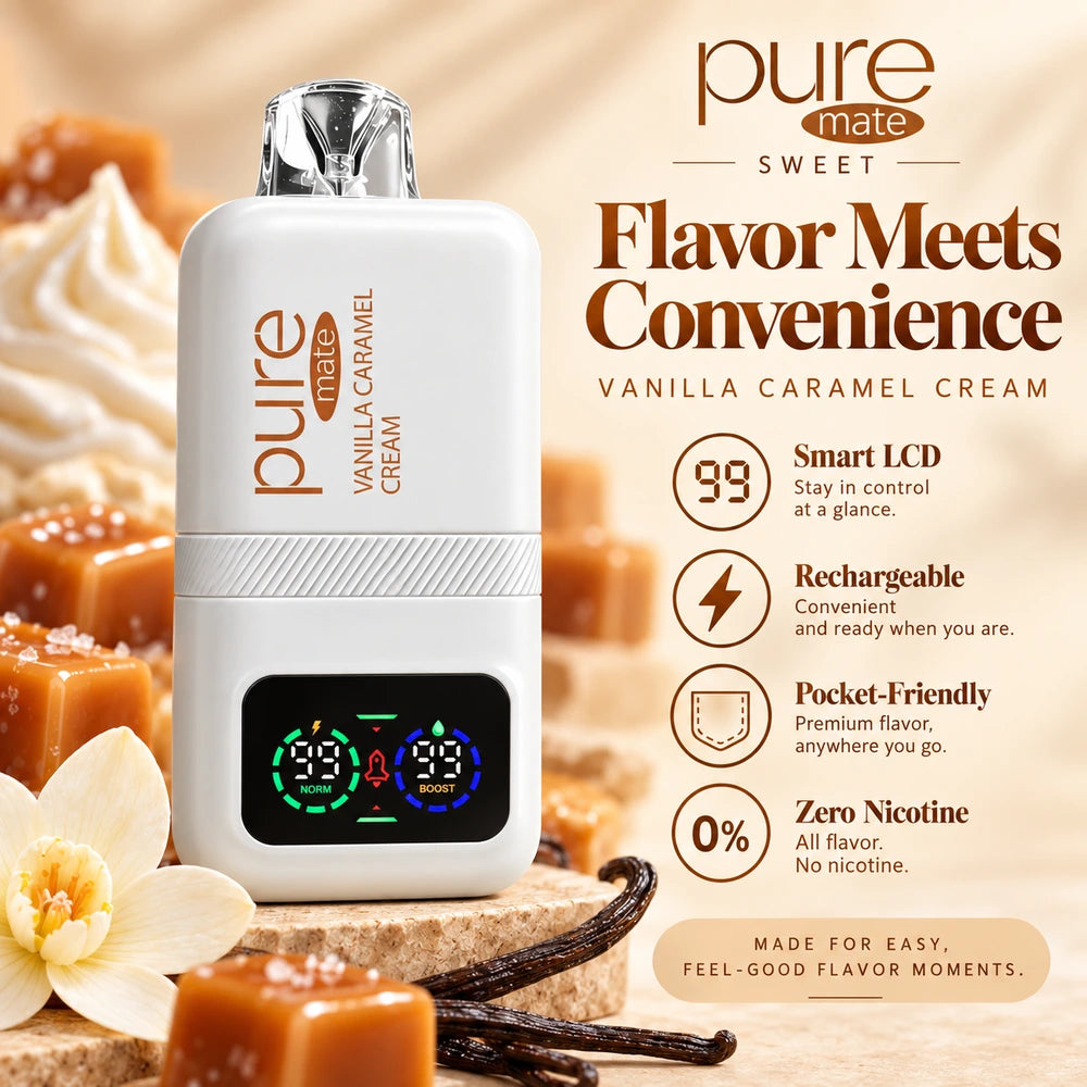Pure Mate Vanilla Caramel Cream device featuring Smart LCD, rechargeable design and zero nicotine