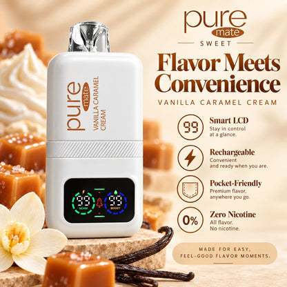 Pure Mate Vanilla Caramel Cream device featuring Smart LCD, rechargeable design and zero nicotine