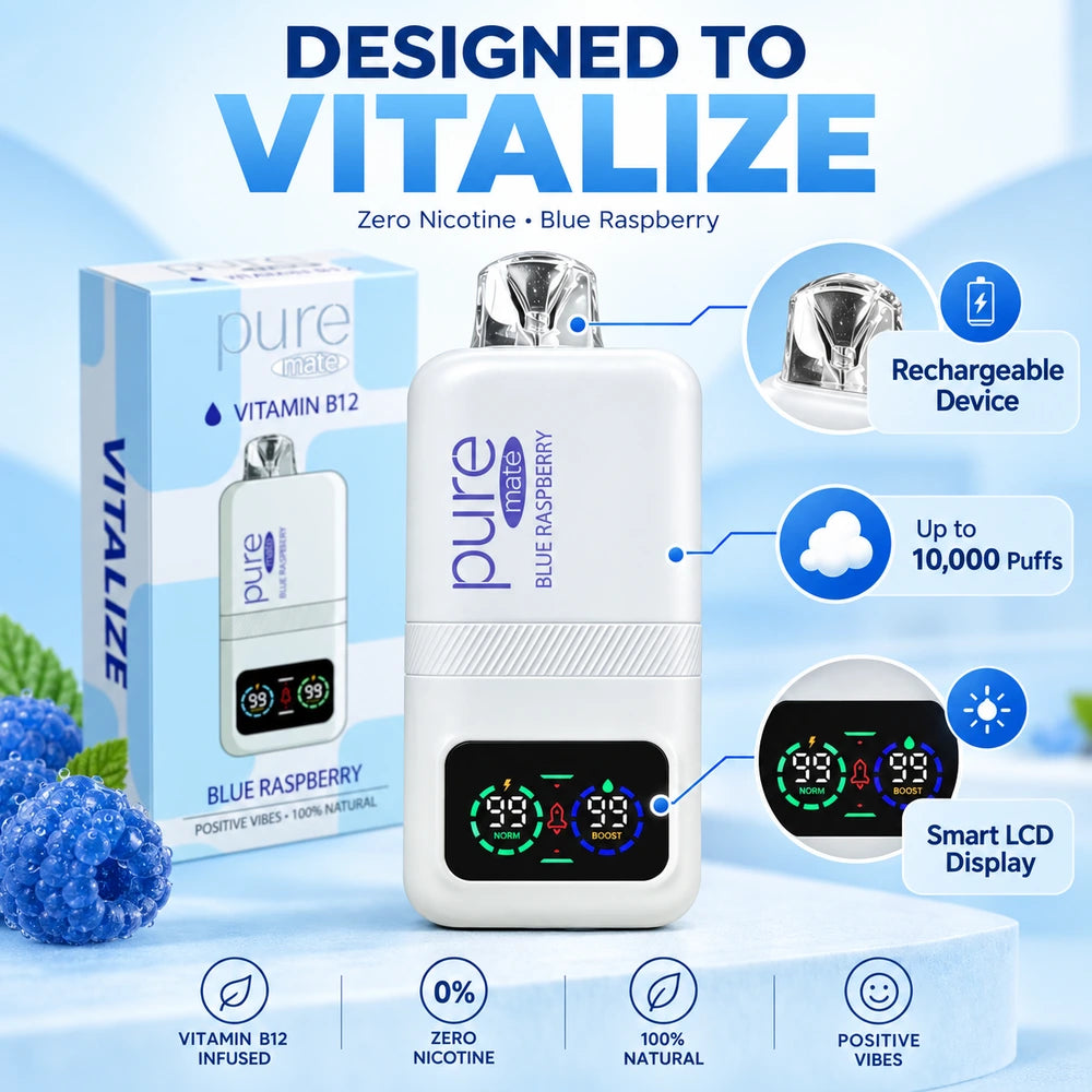 Clean poster-style image of Pure Mate Vitalize Blue Raspberry B12 diffuser with marketing copy and premium product presentation