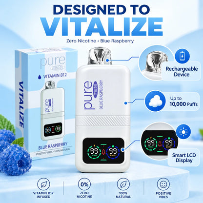 Clean poster-style image of Pure Mate Vitalize Blue Raspberry B12 diffuser with marketing copy and premium product presentation