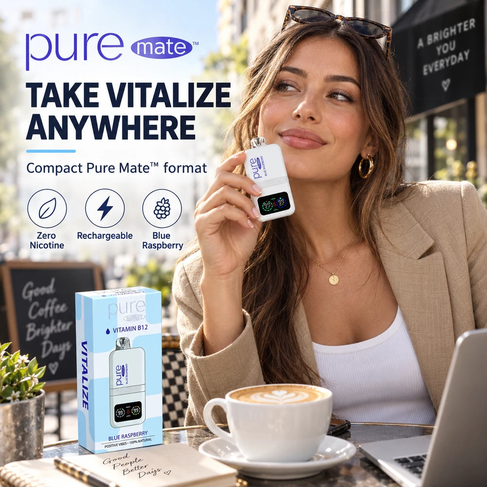Pure Mate Vitalize Blue Raspberry B12 in a relaxed café lifestyle scene with promotional copy highlighting an uplifting everyday moment