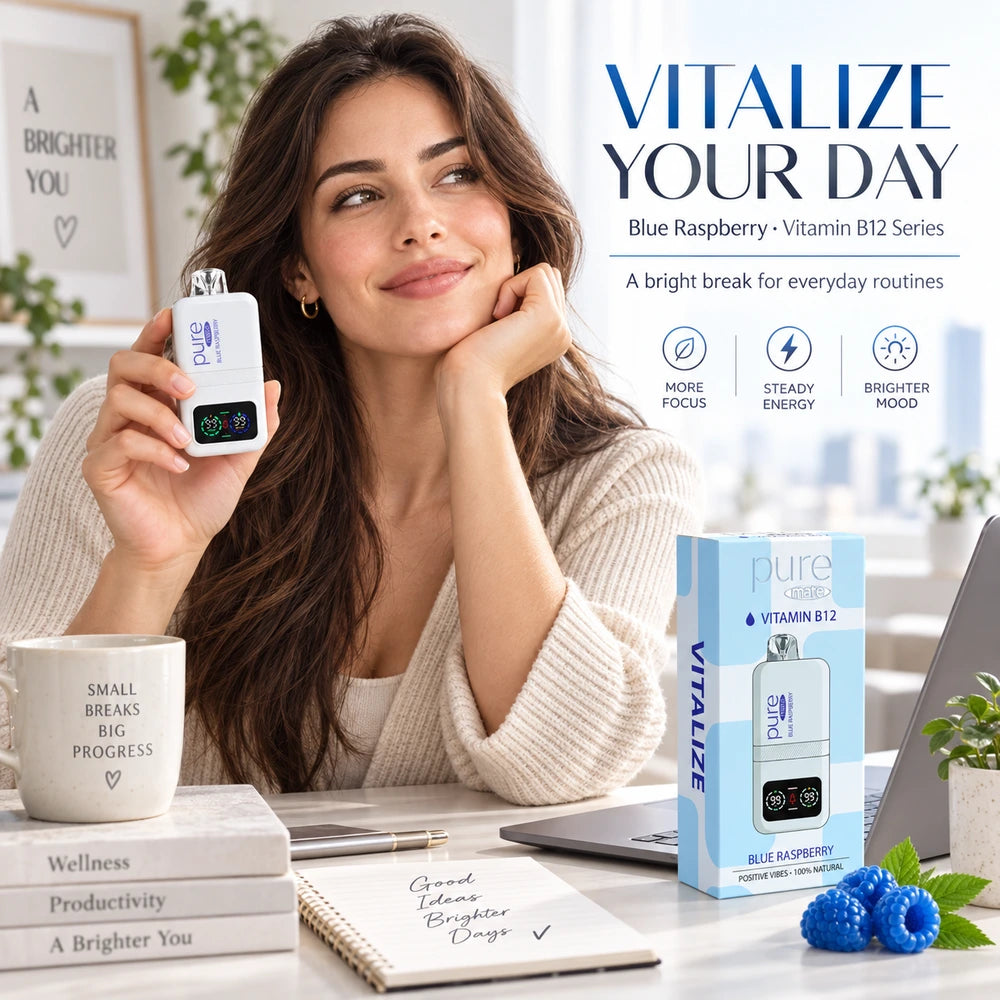 Pure Mate Vitalize Blue Raspberry B12 diffuser in a daily lifestyle scene designed to highlight convenient nicotine-free vitamin inhaler use